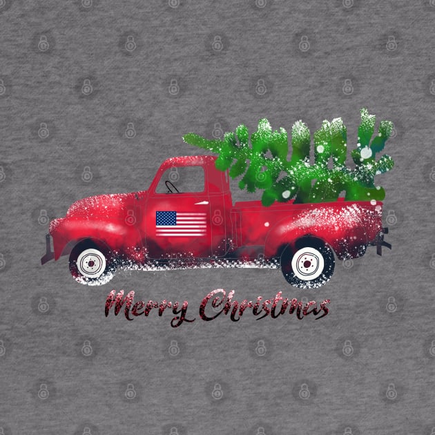 Vintage Watercolor Red Truck Carrying Xmas Tree Merry Christmas by okpinsArtDesign